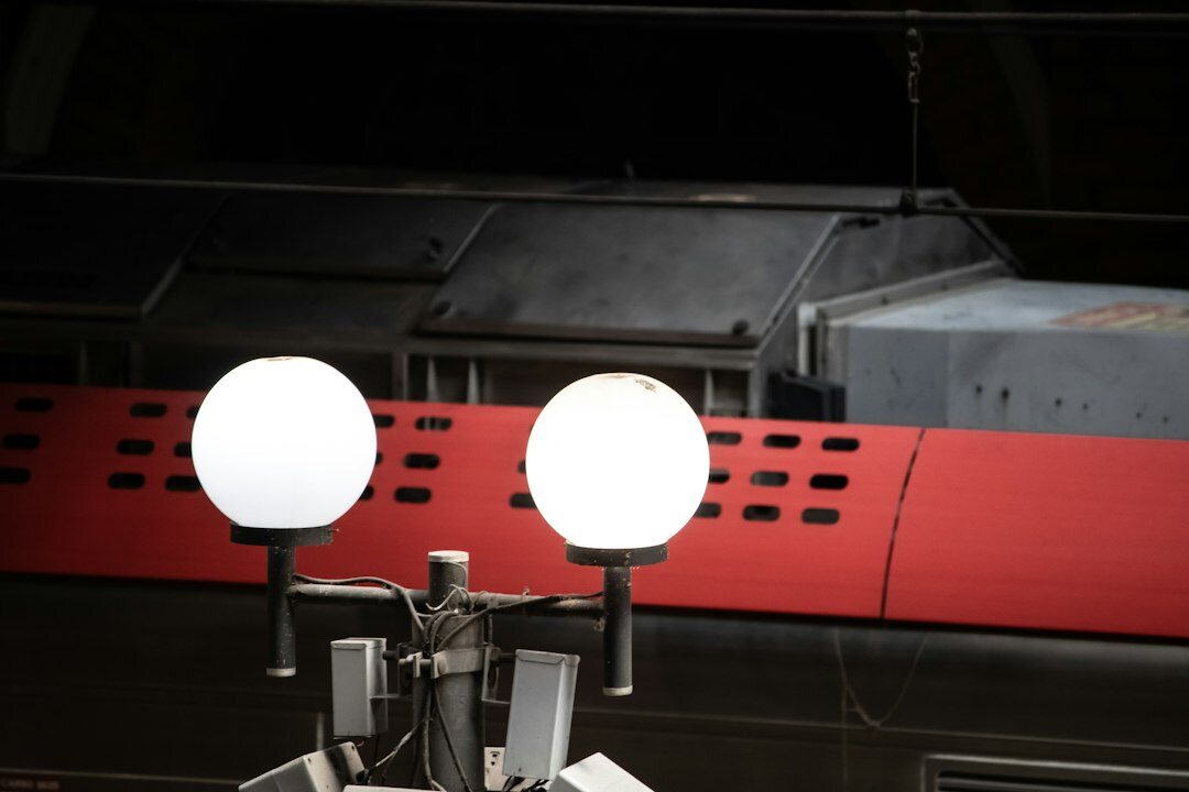 Television news studio desk with lighting rig