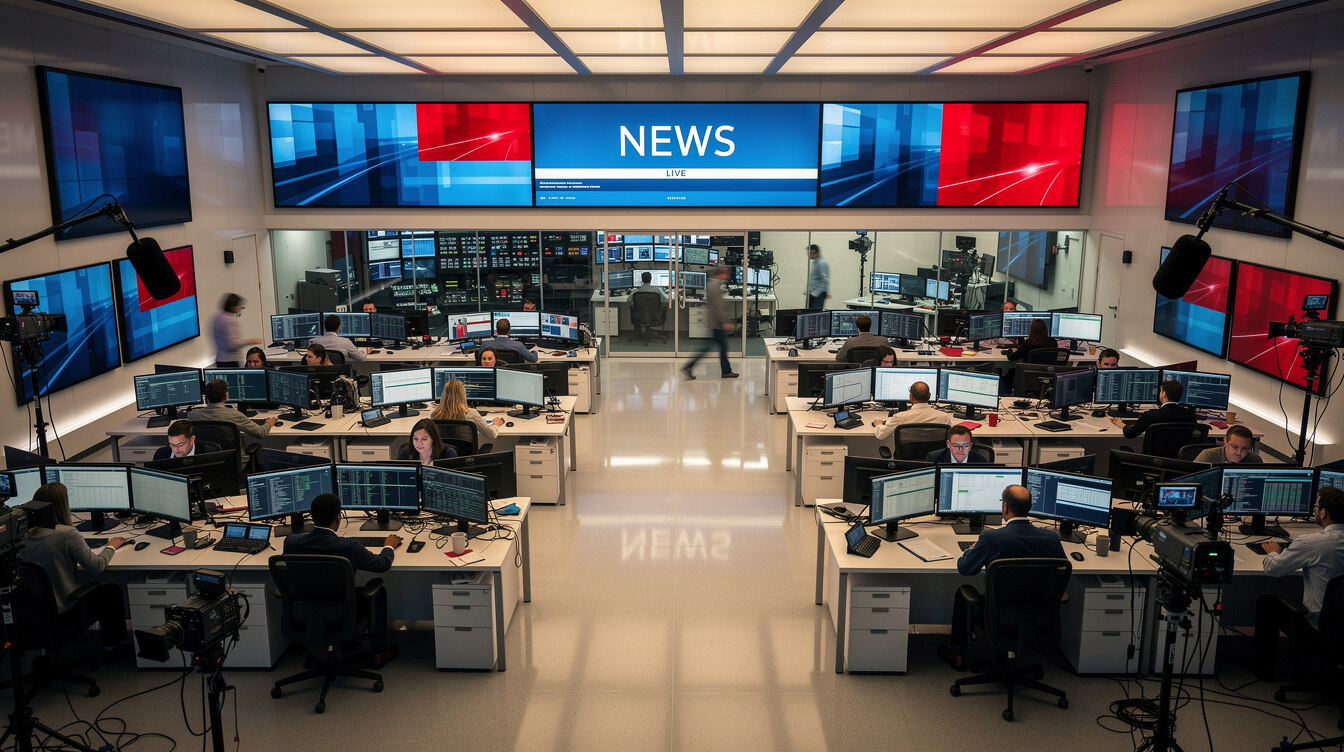 Wide view of a busy television newsroom