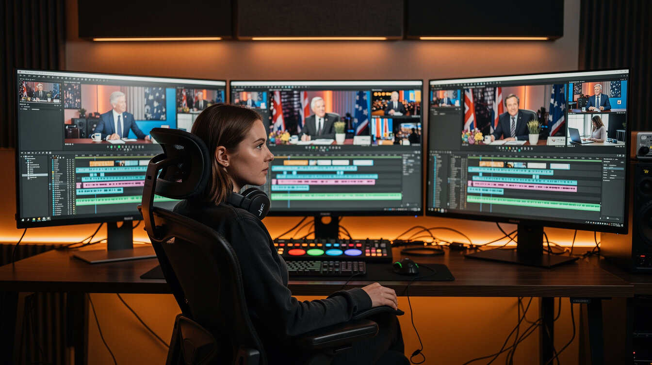 Video editor working on a multi-screen editing suite