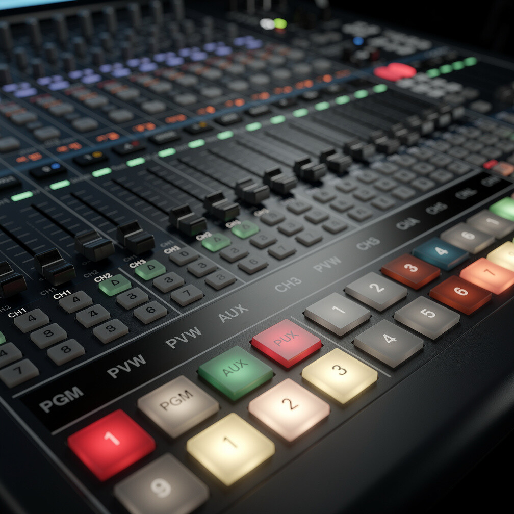 Audio and video mixing console with sliders and buttons