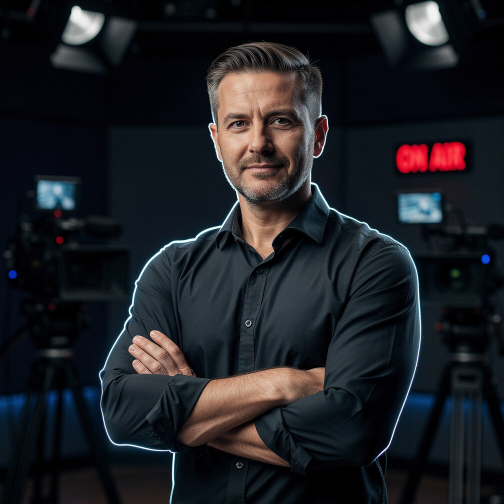 Broadcast engineer standing confidently in a dark studio