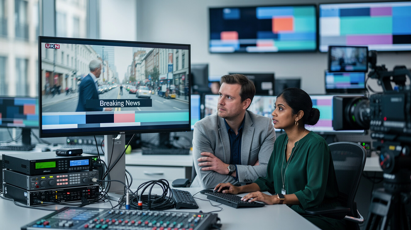 Television newsroom with editors reviewing footage