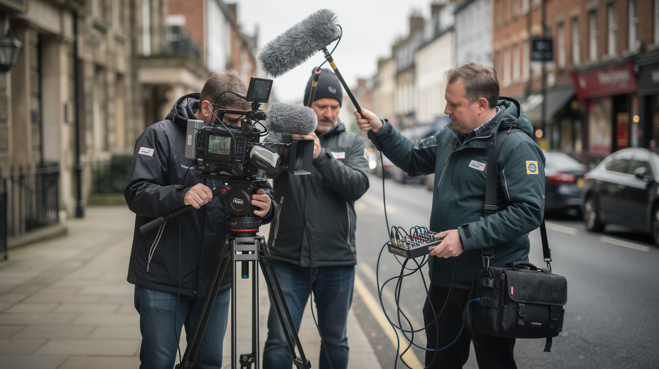 Film crew setting up broadcast camera equipment outdoors